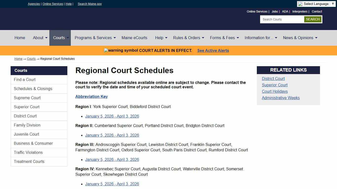 Regional Schedules: State of Maine Judicial Branch